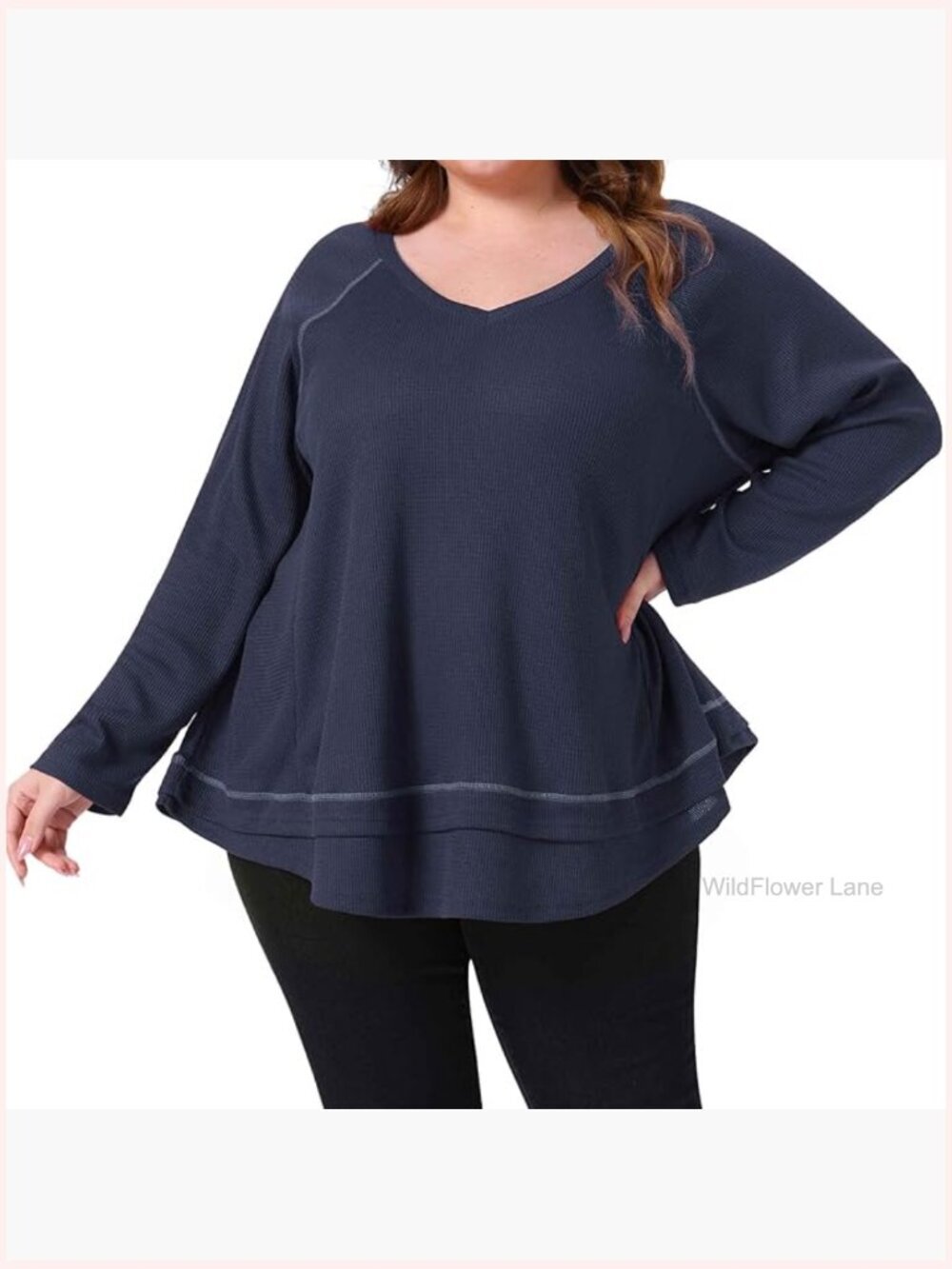 Plus Size V-Neck Long Sleeve Waffle Knit Pullover Tunic Top